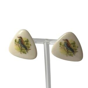 Vintage Womens Stud Earrings Bird Triangle Nature 2.5 cm White Green